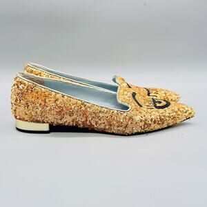 Chiara Ferragni Shoes Womens 8 Gold Sequin Eye Loafers Flats Party Pointed Toe